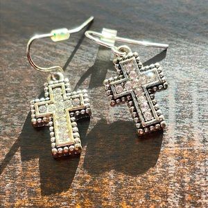Silver plated and zircon cross dangling earrings
